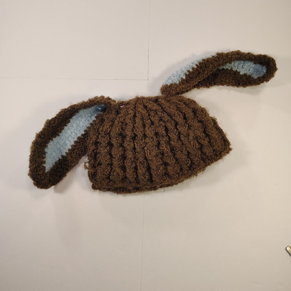 Baby Bunny Crochet Bonnet 0-6M Rabbit Ear Hat Brown Blue Easter Photo Prop